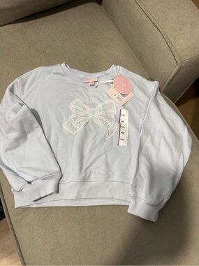 LoveShackFancy Kids Pastel Blue Sweater with Lace Bow Appliqué